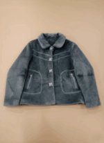 Women's grey faux fur jacket with clear buttons and two front pockets, laid flat on a neutral background.