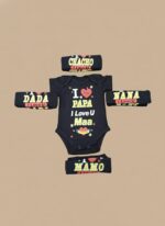 Baby wearing black cotton I Love Family Printed Baby Onesie with “I Love Papa, Maa, Dada, Nana, Mamo, Chacho” text surrounded by family-themed rompers.