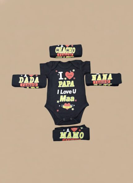 Baby wearing black cotton I Love Family Printed Baby Onesie with “I Love Papa, Maa, Dada, Nana, Mamo, Chacho” text surrounded by family-themed rompers.