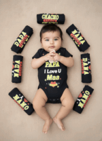 Baby wearing black cotton I Love Family Printed Baby Onesie with “I Love Papa, Maa, Dada, Nana, Mamo, Chacho” text surrounded by family-themed rompers.