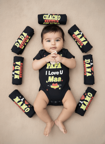 Baby wearing black cotton I Love Family Printed Baby Onesie with “I Love Papa, Maa, Dada, Nana, Mamo, Chacho” text surrounded by family-themed rompers.