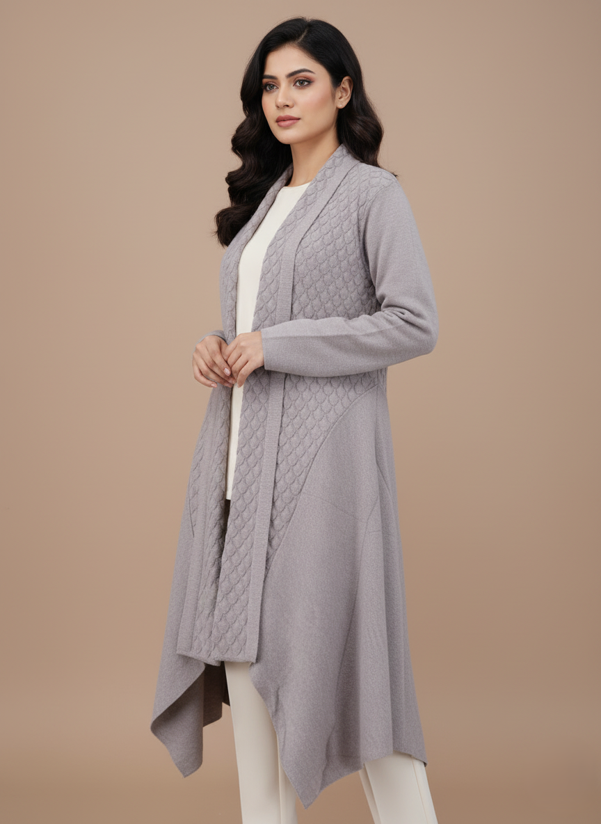 Elegant Women's Knit Sweater with Textured Design & Brooch Women's knit sweater with a textured open-front design and a decorative brooch at the collar, in a neutral color.