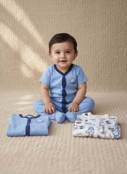 A smiling infant boy wearing a light blue short-sleeve baby romper, sitting on a textured beige rug with two folded rompers, one blue and one white patterned, beside him.