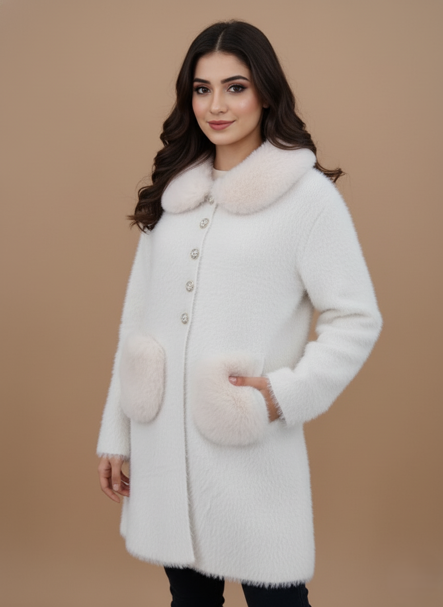 Women Elegant White Faux Fur Trim Winter Coat White women' winter coat with light pink faux fur trim on the collar and two front pockets, closed with clear decorative buttons.