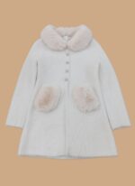 White women' winter coat with light pink faux fur trim on the collar and two front pockets, closed with clear decorative buttons.