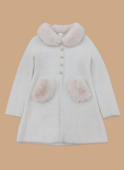 White women' winter coat with light pink faux fur trim on the collar and two front pockets, closed with clear decorative buttons.