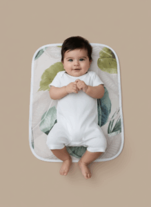 An adorable baby, dressed in a white romper, lying on a portable changing mat adorned with a tropical leaf pattern, looking up and smiling.