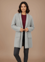 Grey fuzzy knit sweater for women, featuring a toggle closure, soft texture, shimmer, and front pockets.