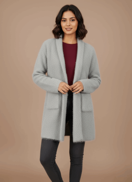 Grey fuzzy knit sweater for women, featuring a toggle closure, soft texture, shimmer, and front pockets.