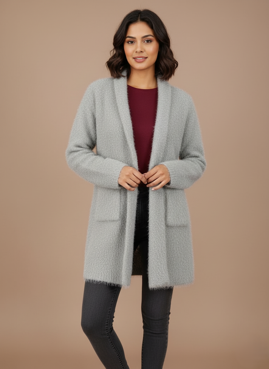 Women's Cozy Fuzzy Knit Sweater with Toggle Closure Grey fuzzy knit sweater for women, featuring a toggle closure, soft texture, shimmer, and front pockets.
