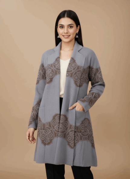 Women's long open-front sweater, light grey knit with brown pattern, long sleeves, open front, two pockets, decorative clasp, cozy, fall winter fashion.