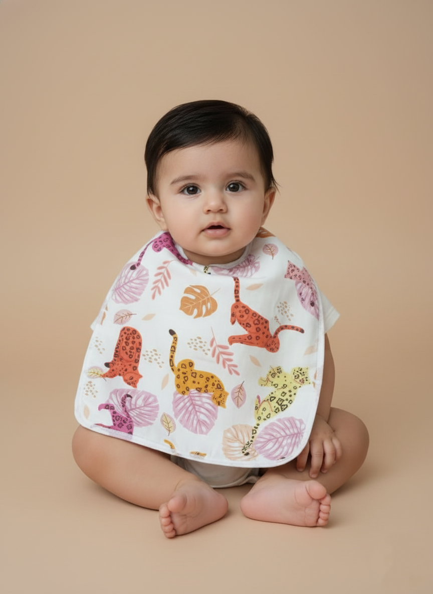 Stylish Leopard Print Baby Bib A white cotton baby bib with a vibrant pattern of colorful leopards and tropical leaves.
