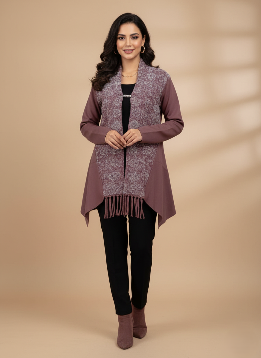 Women's Elegant Open Front Cardigan Sweater with Fringed Hem & Brooch Women's open front cardigan sweater in a warm maroon/brown tone with a lighter patterned front panel, fringed bottom, and a small clasp or brooch closure.