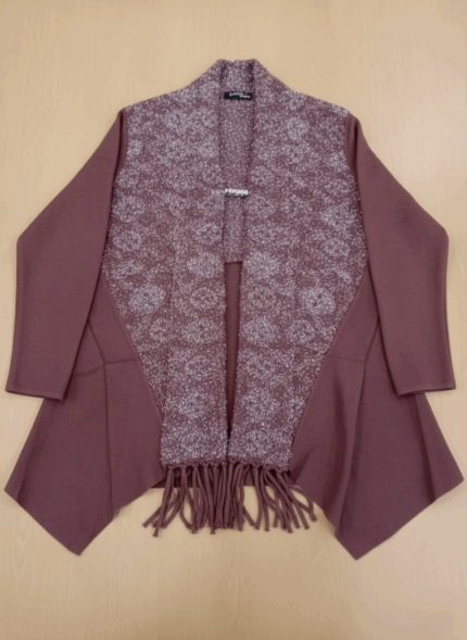 Women's Elegant Open Front Cardigan Sweater with Fringed Hem & Brooch