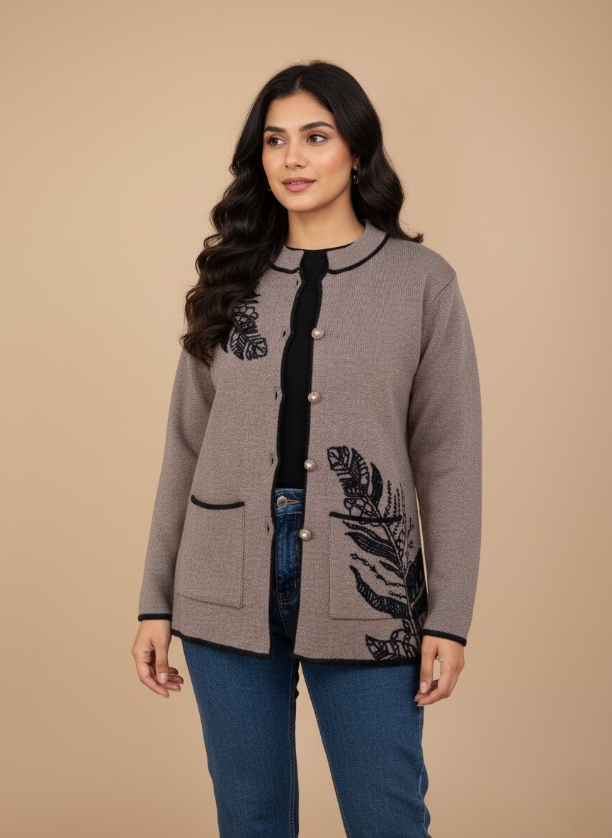 Women's Embroidered Leaf Button-Front Sweater Grey knit women's sweater with black embroidered leaf designs, a button-front closure, and front pockets, laid flat on a neutral background.