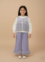 Lavender faux fur detailed top and pant set for girls, featuring pearl embellishments and winter fabric.