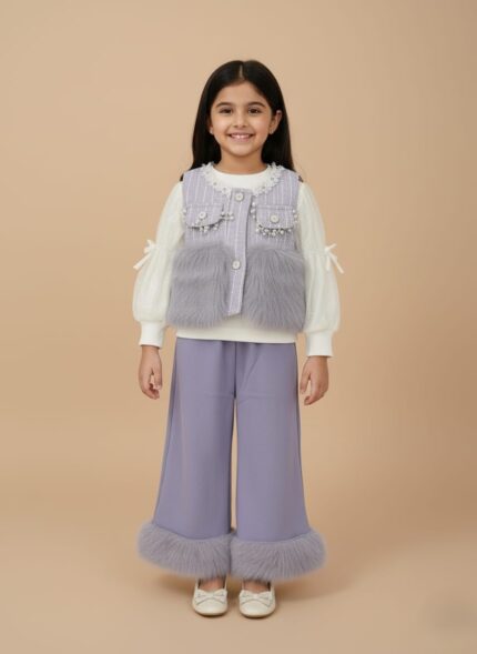 Lavender faux fur detailed top and pant set for girls, featuring pearl embellishments and winter fabric.