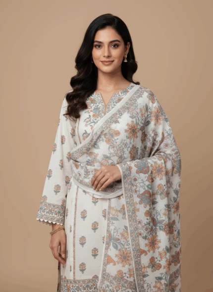 White floral print wool shawl with peach, teal, and blue flowers and butterflies, laid flat on a light background.