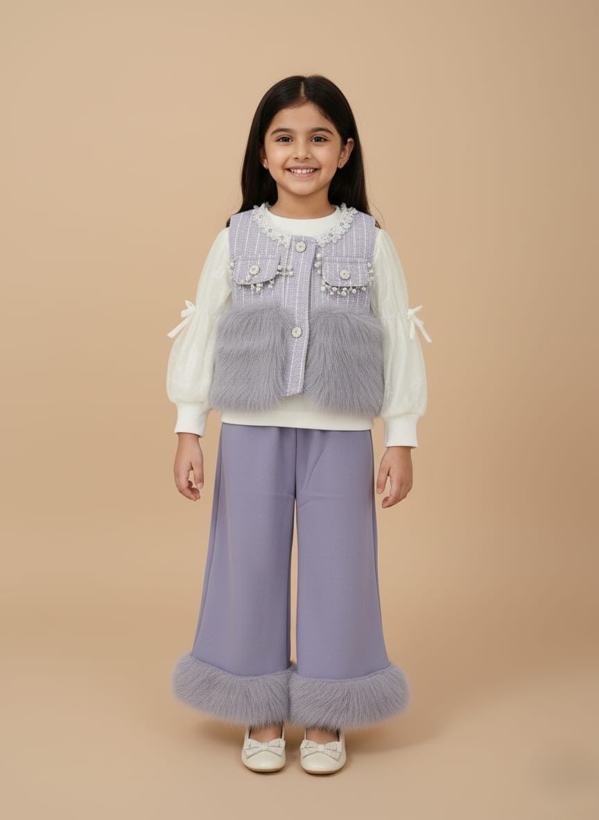 Lavender Faux Fur Detailed Top & Pant Set for Girls Lavender faux fur detailed top and pant set for girls, featuring pearl embellishments and winter fabric.