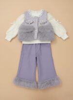 Lavender faux fur detailed top and pant set for girls, featuring pearl embellishments and winter fabric.