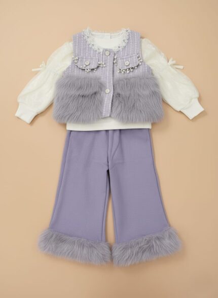 Lavender faux fur detailed top and pant set for girls, featuring pearl embellishments and winter fabric.