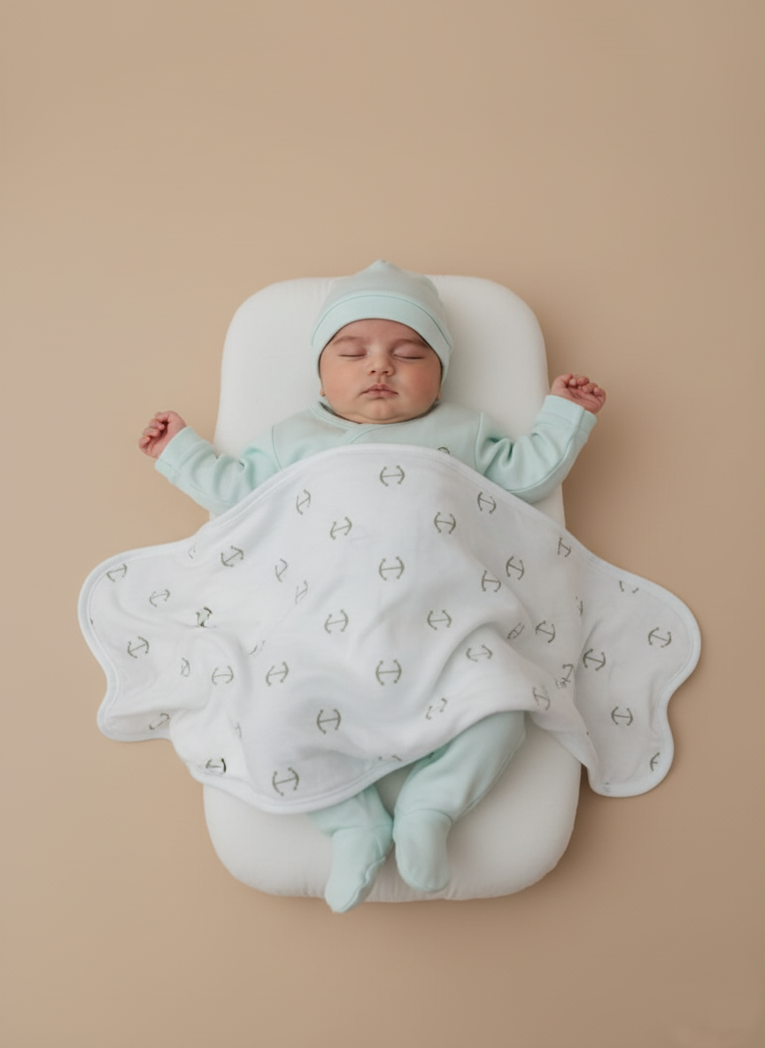 Soft Cotton Anchor Print Baby Swaddle Blanket A sleeping baby dressed in a mint green long-sleeve bodysuit, pants, and hat, covered with a white baby swaddle blanket adorned with a grey anchor pattern.