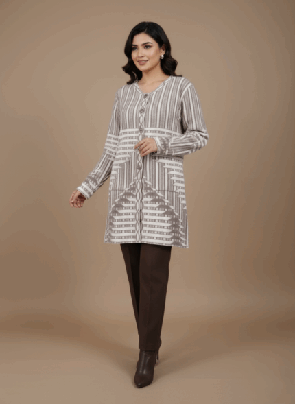 Women's patterned knit cardigan sweater with geometric design and button front