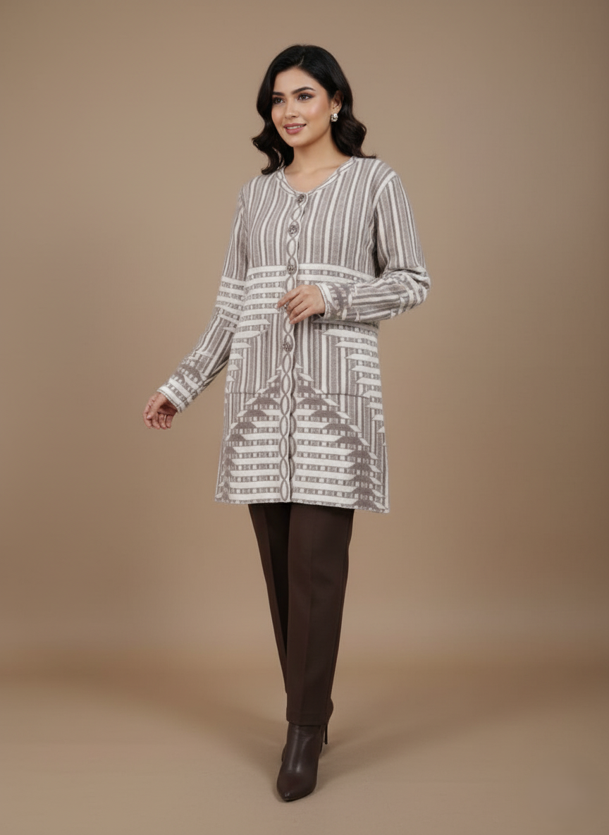 Women's Patterned Knit Cardigan Sweater Women's patterned knit cardigan sweater with geometric design and button front