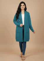 Women's long teal knitted open-front sweater with pockets, flat lay view, showing textured knit detail and garment tag.