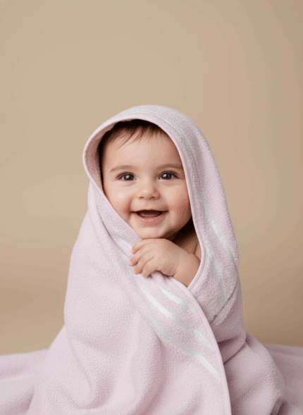 A happy baby with dark hair, wrapped in a pink baby hooded towel with white stripes, smiling at the camera.