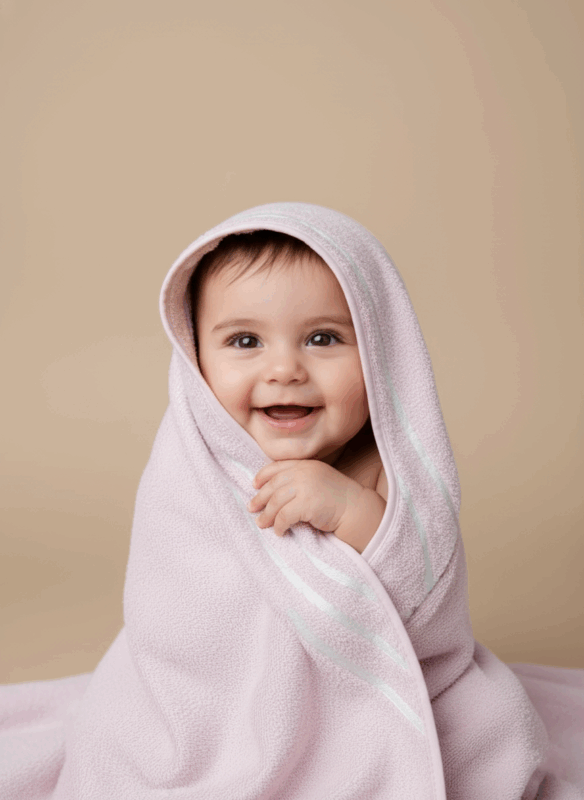 A happy baby with dark hair, wrapped in a pink baby hooded towel with white stripes, smiling at the camera.