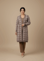 Women's Fair Isle button-front long-sleeve sweater with geometric knit pattern, two front pockets, and ribbed cuffs, in shades of brown and white.