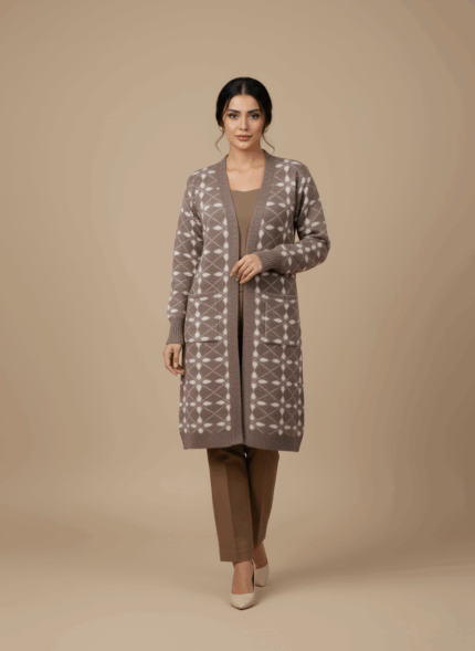 Women's Fair Isle button-front long-sleeve sweater with geometric knit pattern, two front pockets, and ribbed cuffs, in shades of brown and white.