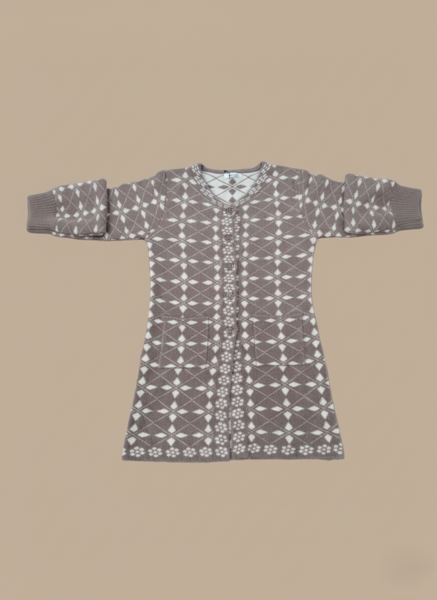 Women's Fair Isle button-front long-sleeve sweater with geometric knit pattern, two front pockets, and ribbed cuffs, in shades of brown and white.