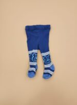 A pair of folded blue baby tights with a bear pattern and white stripes on the ankles.