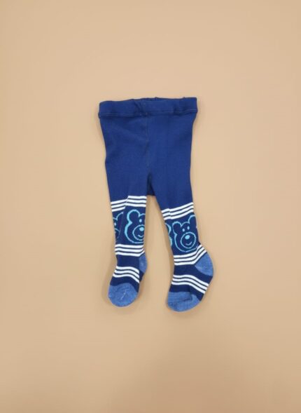 A pair of folded blue baby tights with a bear pattern and white stripes on the ankles.