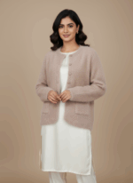 Women's fluffy knit sweater, light pink button-front cardigan with pockets, cozy sweater for winter.