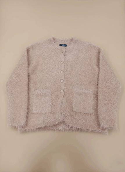 Women's fluffy knit sweater, light pink button-front cardigan with pockets, cozy sweater for winter.