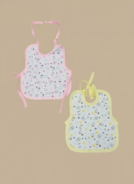 Two patterned cotton baby bibs, one pink-trimmed and one yellow-trimmed, with tie closures and a cute character print.