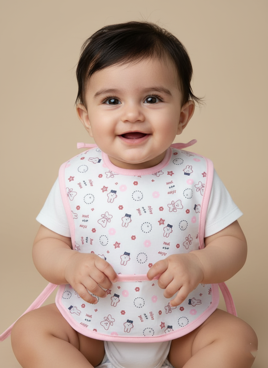 Adorable Printed Cotton Baby Bibs Set A smiling baby wearing a pink-trimmed cotton baby bib with a pattern of characters and stars, sitting comfortably.