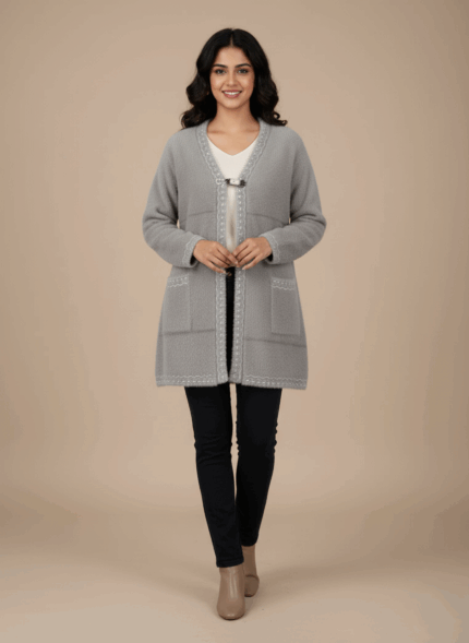 Grey fuzzy knit sweater for women with white lace trim and front clasp closure.