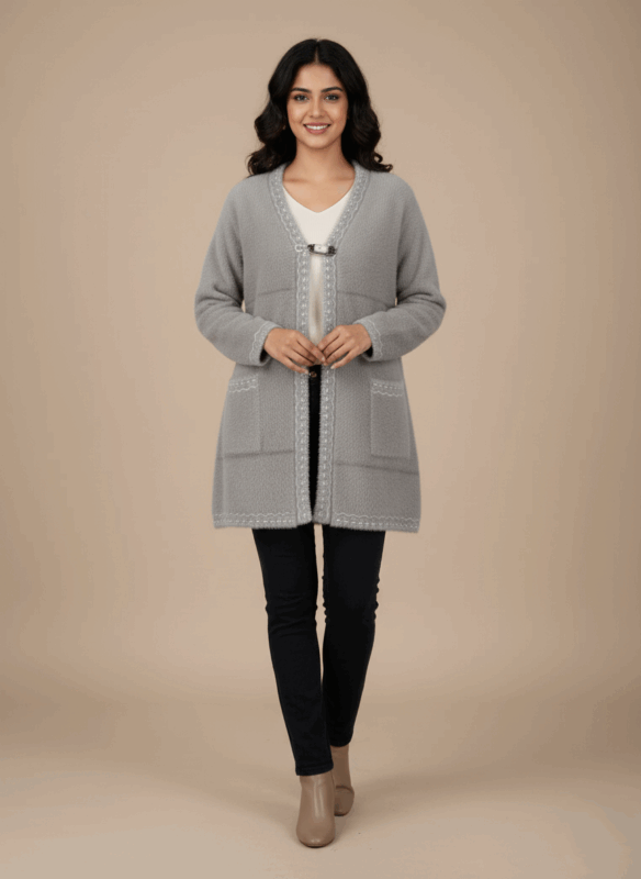 Grey fuzzy knit sweater for women with white lace trim and front clasp closure.