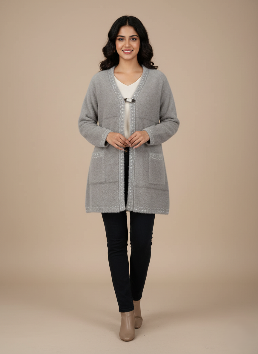 Women's Elegant Grey Fuzzy Knit Sweater with Lace Trim & Clasp Closure Grey fuzzy knit sweater for women with white lace trim and front clasp closure.