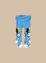 A pair of folded blue baby tights with a pattern of white clouds, rainbows, and black and yellow bears.