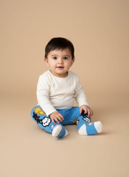 A smiling baby wearing a white long-sleeve bodysuit and blue baby tights with a playful cloud, rainbow, and bear pattern.