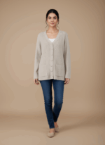 Women's textured button-front sweater, beige, V-neck, long sleeves, two front pockets, knitwear, casual, comfortable, stylish.