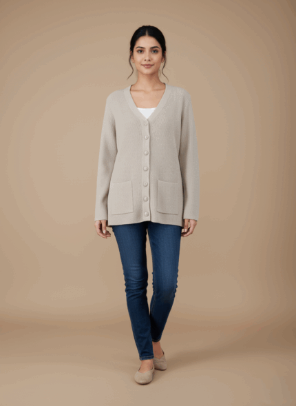 Women's textured button-front sweater, beige, V-neck, long sleeves, two front pockets, knitwear, casual, comfortable, stylish.