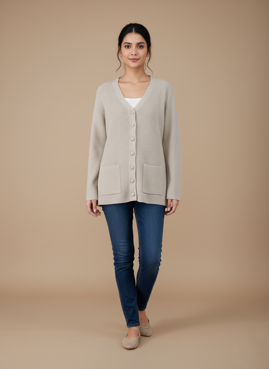 Women's Textured Button-Front Sweater with Pockets Women's textured button-front sweater, beige, V-neck, long sleeves, two front pockets, knitwear, casual, comfortable, stylish.