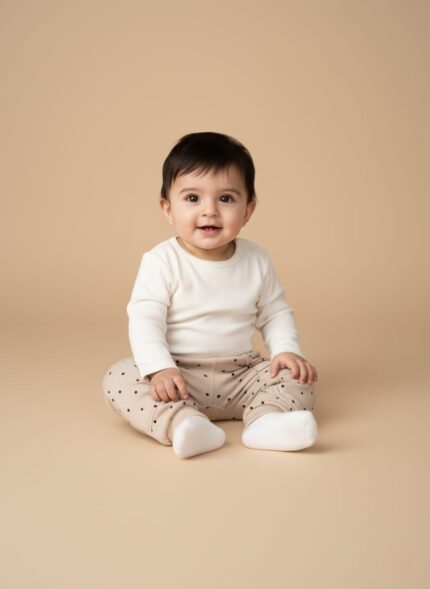 A smiling baby wearing a white long-sleeve top and beige baby jogger pants with black polka dots.