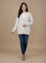 Beige women's V-neck cable knit sweater with button front and two front pockets.